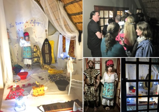 Colette Lumiere in her installation 'Le tresors de L'afrique' in one of the Intibane chalets - artists viewing the installation - Colette posing with a Zulu warrior